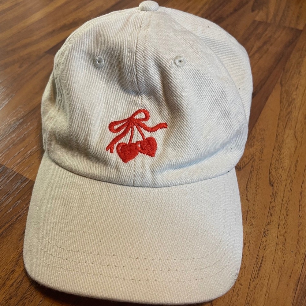 American Eagle Cream Cherry Bow Embroidered Baseball Cap Dad Hat Cream Red